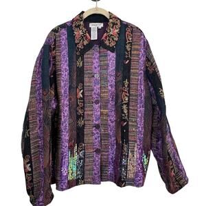 Coldwater Creek Purple Patchwork Sequin Shirt Jacket 2X Plus Boho Floral  Blazer